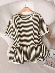 Story & Sage Camiseta casual para mujer para casa, primavera y verano, ajustada, con patchwork de encaje, a rayas, con bajo de falda, manga corta, en negro y blanco - Multicolor - Ver 7
