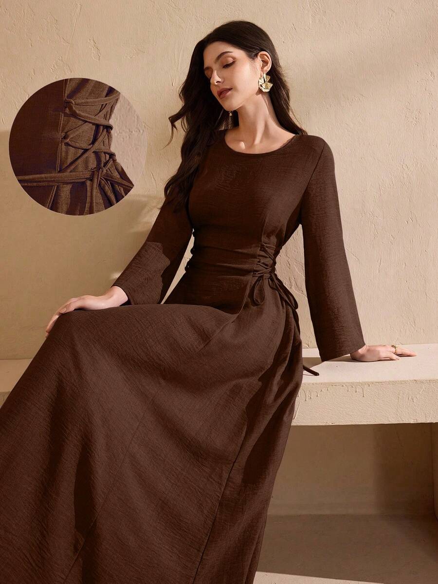 Graceveil Solid Color Round Neck Tie Waist Dress - Brown - View 1