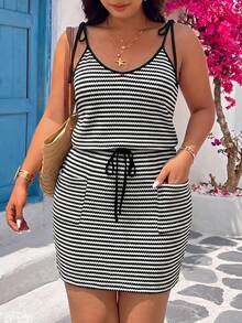 SHEIN VCAY Plus Size Summer Casual Striped Spaghetti Strap Dress - Black and White - View 1