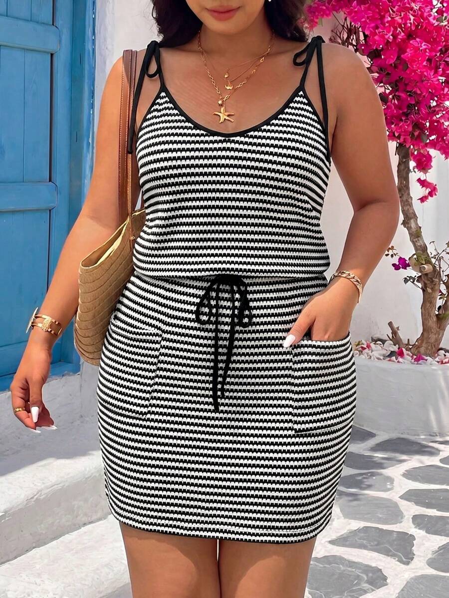SHEIN VCAY Plus Size Summer Casual Striped Spaghetti Strap Dress - Black and White - View 1