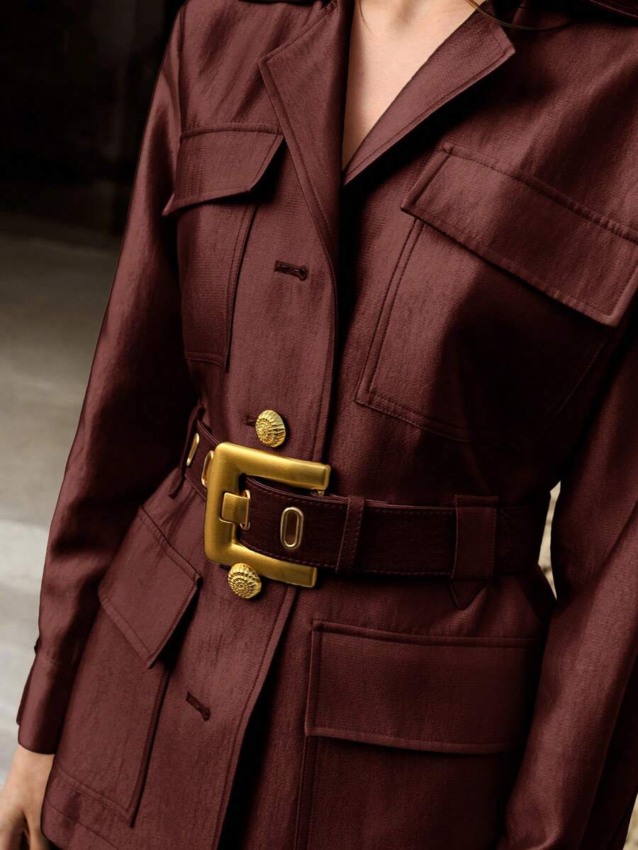 MOTF PREMIUM WOMEN'S FASHION SOLID COLOR MULTIPLE FLAP POCKET UTILITY JACKET WITH BELT - Burgundy - View 2