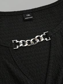 EMERY ROSE Plus Size Women's Spring/Summer Chain Trim Ruffle Knot Waist Knit Solid Color Elegant A-Line V-Neck T-Shirt Top - Black - View 7