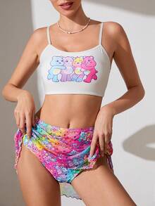 SHEIN X Care Bears 女士针织彩虹渐变色和卡通印花分体泳衣三件套，适合夏季海滩度假 - 彩色 - 查看 5
