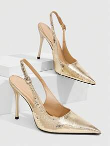 CUCCOO SZL Snake Pointed Back Empty Stiletto Shoes, Metal Buckle, Thin High Heels For Workplace Commuting - Light gold - View 1