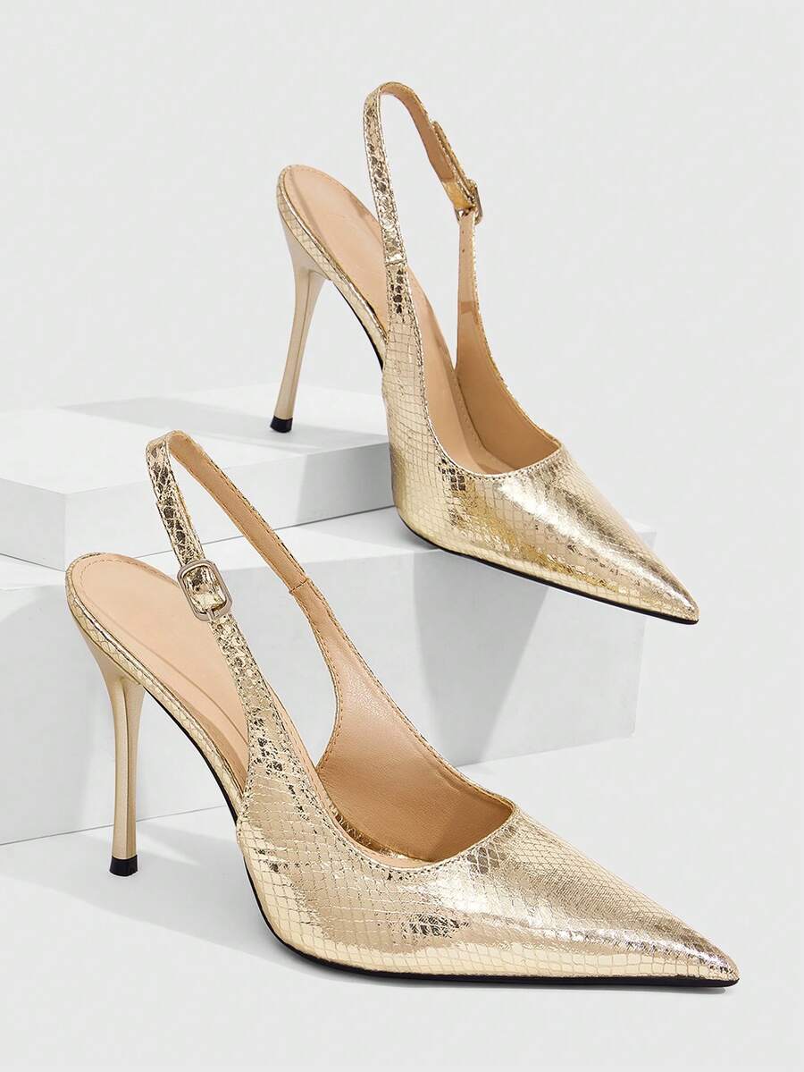 CUCCOO SZL Snake Pointed Back Empty Stiletto Shoes, Metal Buckle, Thin High Heels For Workplace Commuting - Light gold - View 1