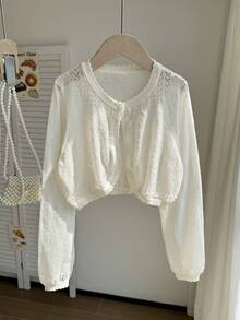 SHEIN Tween Girl Solid Color Casual Versatile Daily Wear Cardigan - White - View 4