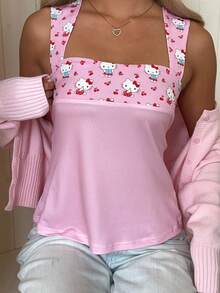 CovetEZ HELLO KITTY AND FRIENDS | SHEIN 女款性感修身細肩帶上衣，適合春夏，IP聯名Hello Ktty印花圖案，適用於度假、畢業季、夏季上衣、日常通勤、約會、派對、秋冬春夏、聖誕節、新年、畢業典禮等場合 - 彩色 - 查看 5