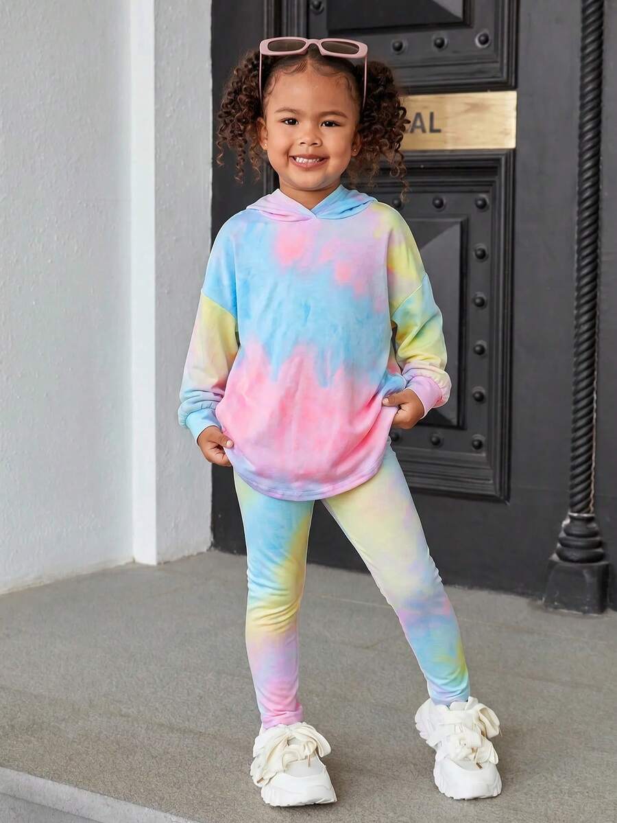 SHEIN Young Girl 紮染不對稱下擺落肩連帽衛衣與內搭褲 2件套套裝 - 彩色 - 查看 1