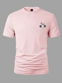 HypeHours Men's Casual Simple Cartoon Rabbit Print T-Shirt, 2000s Style - Pink - View 4