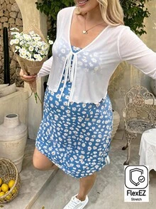 SHEIN 孕婦度假風雛菊印花百搭細肩帶洋裝與長袖繫帶針織開襟外套2件組 - 藍白色 - 查看 3