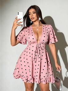 Viva Relle Plus Size Women Deep V-Neck Polka Dot Sexy Bowknot Dress - Pink - View 2