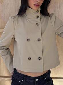 SHEIN EZwear Abrigo de trinchera con botones delanteros tejido en color caqui para mujer - Caqui - Ver 10