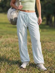 WanderVale Women's Drawstring Waist Zipper Design Casual Hiking Pants - Baby Blue - View 4