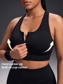 Powerista Women's Plus Size Solid Color Racerback Sports Bra Front-Opening Zipper For Sports, Fitness, Running, And Leisure Black Workout All Seasons  Going Out - Black - View 4