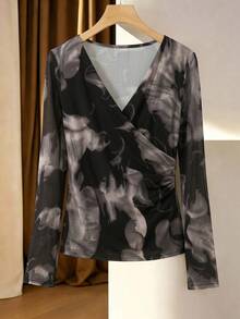 GlowEve Damen Große Größen Mittleres Alter V-Ausschnitt Wickel Bluse mit geraffter Seiten-Taille Sommer Elegant Lässig Urlaub - Verschiedenfarbig - Übersicht 3