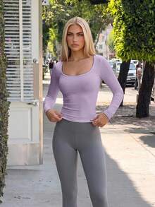 Fluxe Women's Casual Solid Color Knit Scoop Neck Long Sleeve Slim Fit T-Shirt, Thermal Fabric, Slim Fitted Stretch,For Autumn And Everyday Light Purple - Mauve Purple - View 6