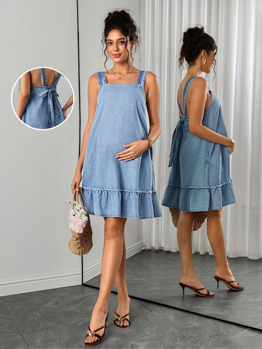 Momance Maternity Back Tie Design Casual Daily Wear Denim Washed Dress Fall - Light Wash - View 1
