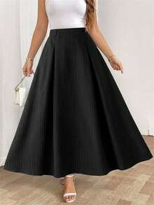 GlowEve CURVE Plus Size Women's Striped Pleated Casual Versatile Daily Wear Skirt - Black - View 6