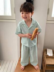 DAZY 男嬰條紋短袖單排扣上衣與長褲居家休閒套裝 幼兒 - 薄荷綠 - 查看 3