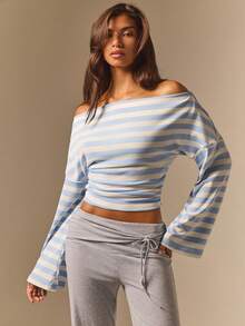 Athîral Women's Blue And White Stripe Stripe Stripe Off-Shoulder Drop Shoulder Long Sleeve Casual Coastal T-Shirt Vacation Autumn Vacation Brunch - Blue and White - View 5