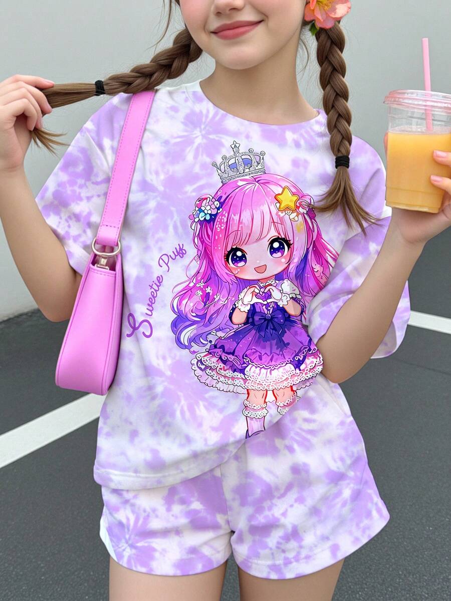 Young Girl Letter Cartoon Print Short Sleeve T-Shirt And Shorts Casual Daily Outfit - Multicolor - View 1