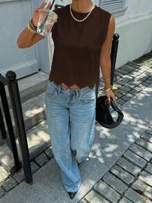 Siren Gaze Spring/Summer New Solid Color Lace Patchwork Round Neck Camisole For Women,Summer Top - Coffee Brown - View 3
