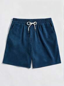 ROMWE MEN Men's Solid Color Drawstring Waist Pocket Casual Shorts - Blue - View 1