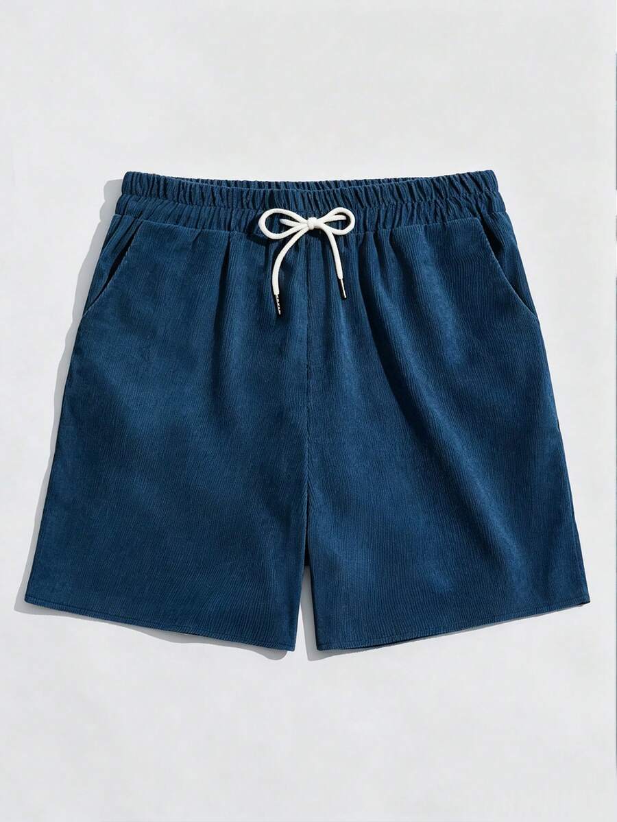 ROMWE MEN Men's Solid Color Drawstring Waist Pocket Casual Shorts - Blue - View 1