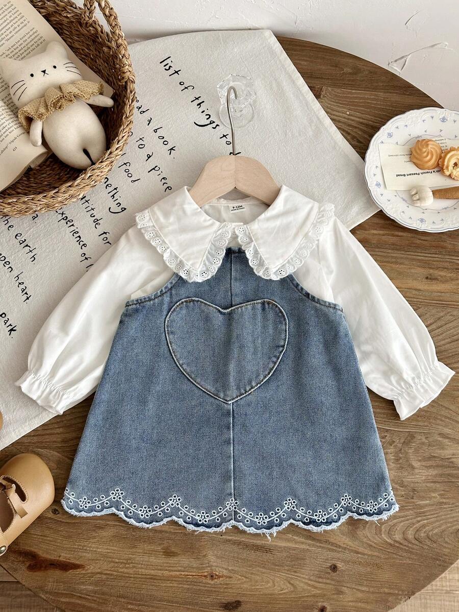 SHEIN 女嬰 0-3歲 夏季&秋季休閒可愛風 2件/套外出套裝,純色布料長袖蕾絲裝飾領口簡約上衣&淺藍色肩帶牛仔短洋裝,舒適衣著適合戶外活動 - 藍色 - 查看 1