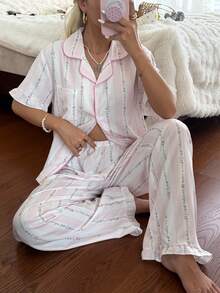 CottageSlumber Bubble Crinkle Ruffle Sleeve Chain Print Floral Short Sleeve Long Pants Pajama Set - Multicolor - View 7