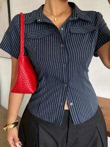 Dazy Plus Plus Size Striped Fitted Sexy Faux Pocket Short Sleeve Spring Summer Cropped Shirt - Navy Blue - View 6