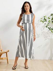 SHEIN Vestido casual de maternidad con cuello redondo, diseño de bloques de color a rayas y abertura, para uso diario - Multicolor - Ver 5