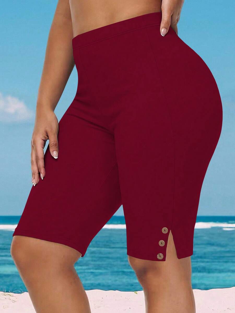 EMERY ROSE Pantalones cortos básicos de cintura alta con diseño de botones de unicolor para mujer de talla grande - Burdeos - Ver 1