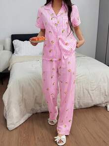 Napfluff 女款條紋檸檬印花翻領前扣短袖長褲睡衣套裝 - 粉色 - 查看 5