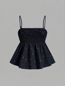SHEIN MOD 復古清新碎花女款細肩帶背心 - 黑色 - 查看 2