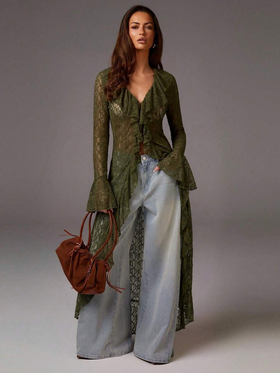 Athîral Vestido largo elegante de unicolor con volantes de encaje para mujer - Verde Gris - Ver 1