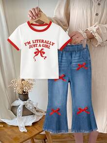 SHEIN 2pcs Baby Girl American Casual Set, Letter & Bow Print Colorblock Trim Short Sleeve Top With Red Bow Decor Retro Flared Long Pants, Lightweight Outfit, Suitable For School, Outings, Daily Wear In Spring, Summer, And Early Autumn - Multicolor - View 4