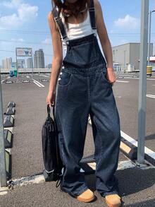 DAZY 女款寬鬆休閒牛仔吊帶褲 Y2K 校園風 - 藍色 - 查看 2