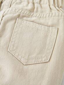 SHEIN Playful Pals 女嬰花卉刺繡紙袋腰牛仔褲，適合假期、夏季、旅行、秋季 - 卡其色 - 查看 6