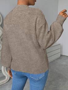 SHEIN 女款秋冬新款混色駱駝色圓領針織毛衣，優雅休閒寬鬆落肩燈籠袖套頭衫，適合日常穿著與街頭風 - 駝色 - 查看 4