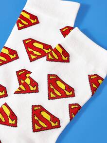 SUPERMAN X SHEIN 1雙女款字母圖案時尚中筒襪，適合日常穿著 - 白色 - 查看 3