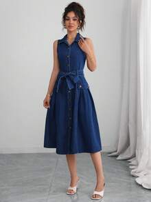 Selianne Women's Single-Breasted Waist-Knot Sleeveless Casual Denim Dress - Dark Wash - View 4