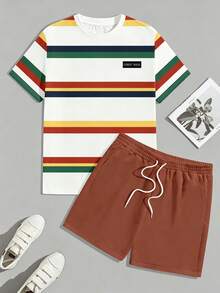 Sorvial Men's Fashion Colorful Striped Print T-Shirt And Drawstring Waist Shorts Set - Multicolor - View 3