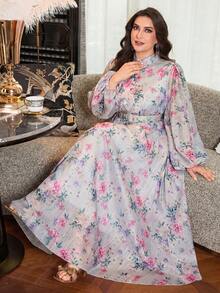 Modelyn 大码女式印花褶皱优雅收腰派对连衣裙 - 淺灰色 - 查看 5