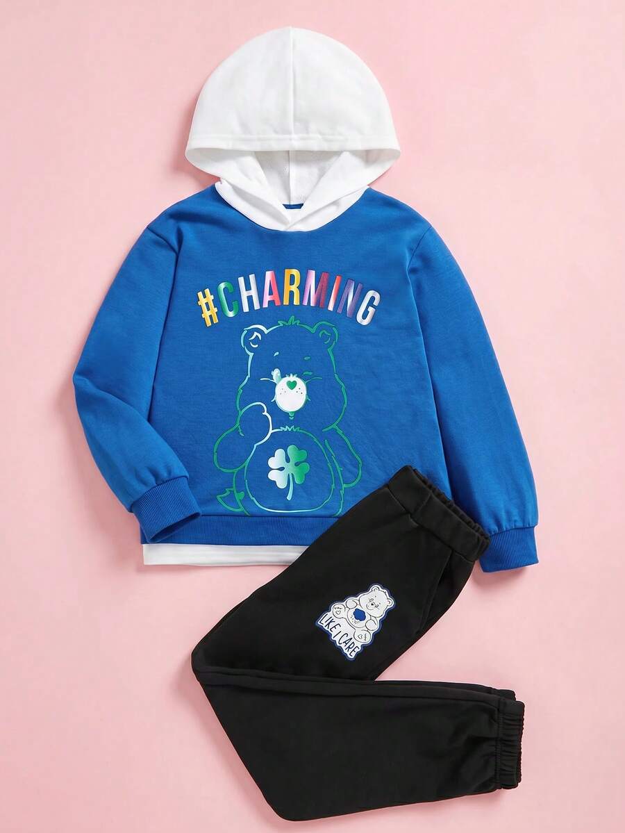 SHEIN X Care Bears Tween Boy Bear & Letter Graphic Hoodie & Sweatpants - Blue - View 1