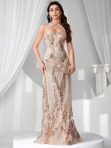 Coutiva Women's Formal Evening Gown Heavily Embellished Beaded Sequins Maxi Dress,Prom Graduation Gift,Suspender Summer Party Dress For Wedding Guest - Apricot - View 3