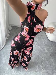 Elenzga 女士优雅休闲黑色露背玫瑰装饰无袖修身连体裤，春夏款 - 彩色 - 查看 6