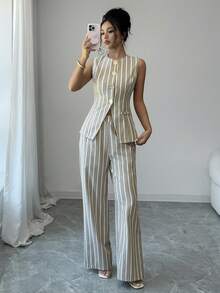 SHEIN Raffinéa 女款法式優雅度假休閒通勤金屬花朵鈕扣套裝 - 彩色 - 查看 5