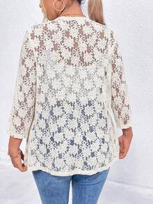 Elenzga Cárdigan de encaje transparente de unicolor elegante de talla grande - Albaricoque - Ver 2