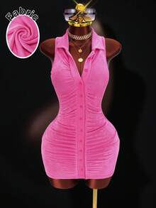 BamGleam Hot Girl Style Bright Pink Sleeveless Halter Neck Dress, Lapel Single Breasted Pleated Slim Fit Bodycon Mini Dress - Pink - View 6
